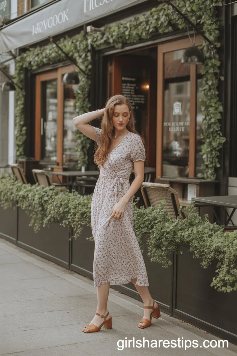 Floral Wrap Dress Block Heels for Caf&eacute; Outings