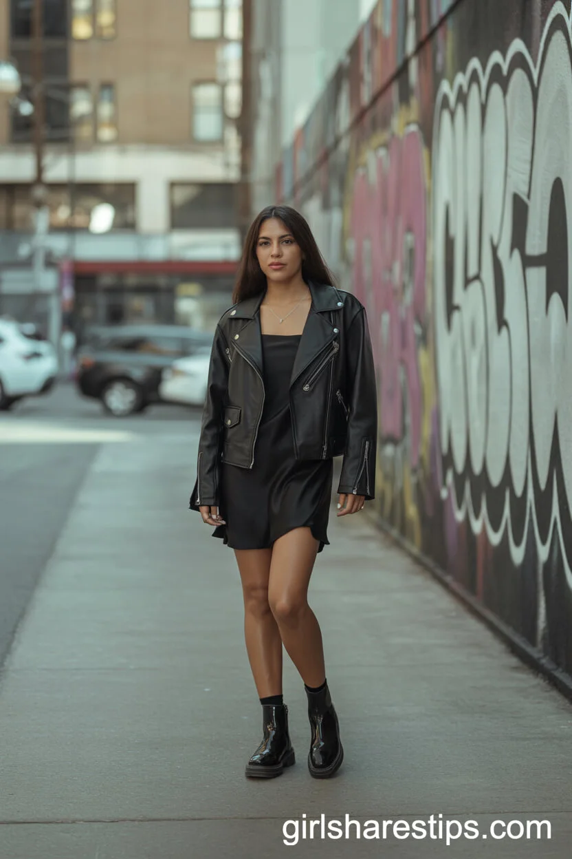 Edgy Biker Jacket Slip Dress with Boots