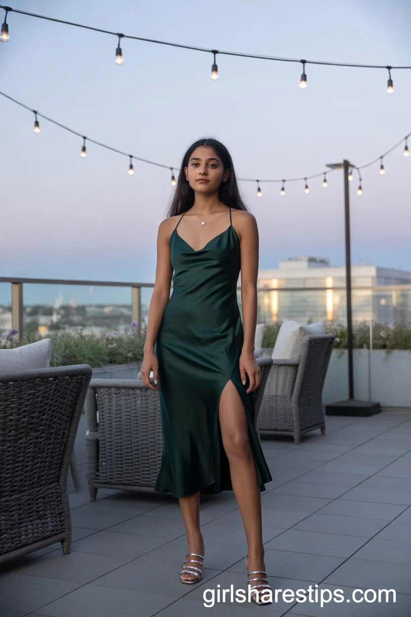 Chic Green Satin Slip Dress with Strappy Heels