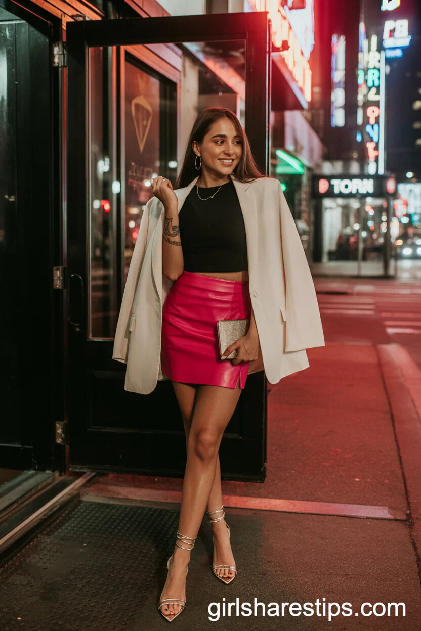 Bright Pink Mini Skirt and Crop Top City Look