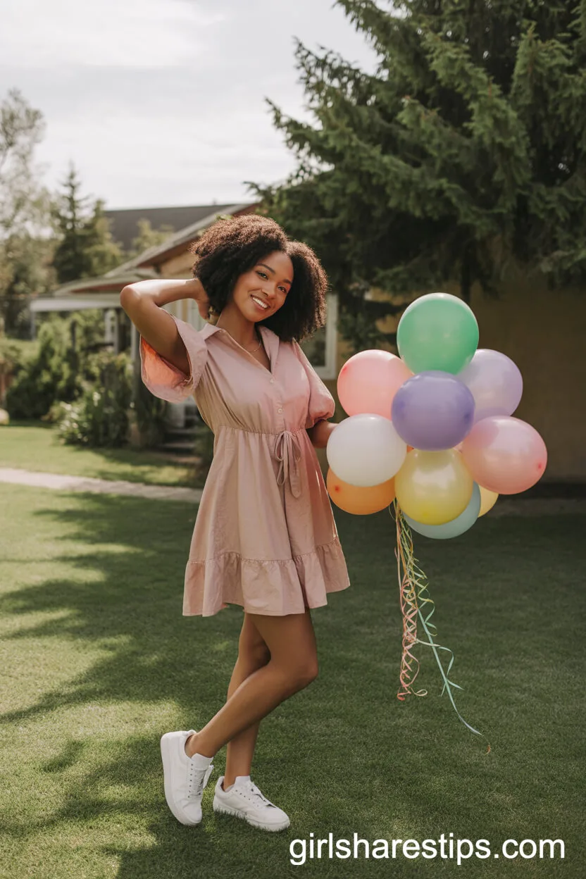 Pastel Pink Mini Dress with Ruffle Sleeves and Sneakers