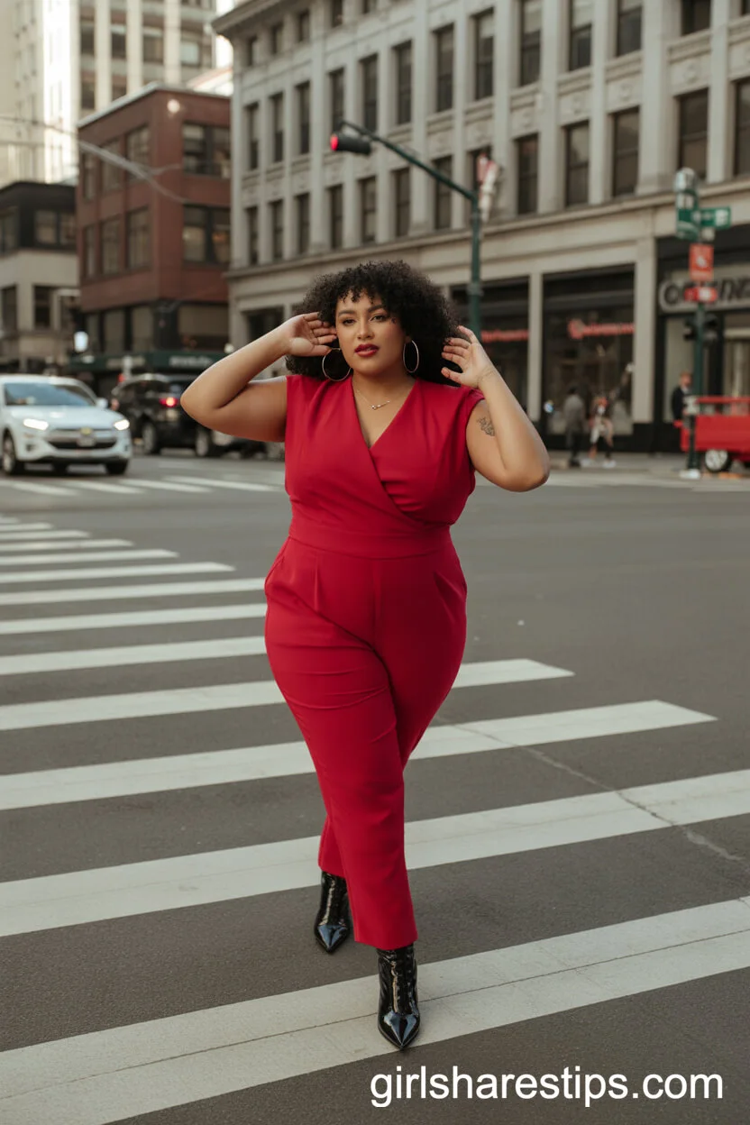 Bold Red Jumpsuit with Heeled Boots