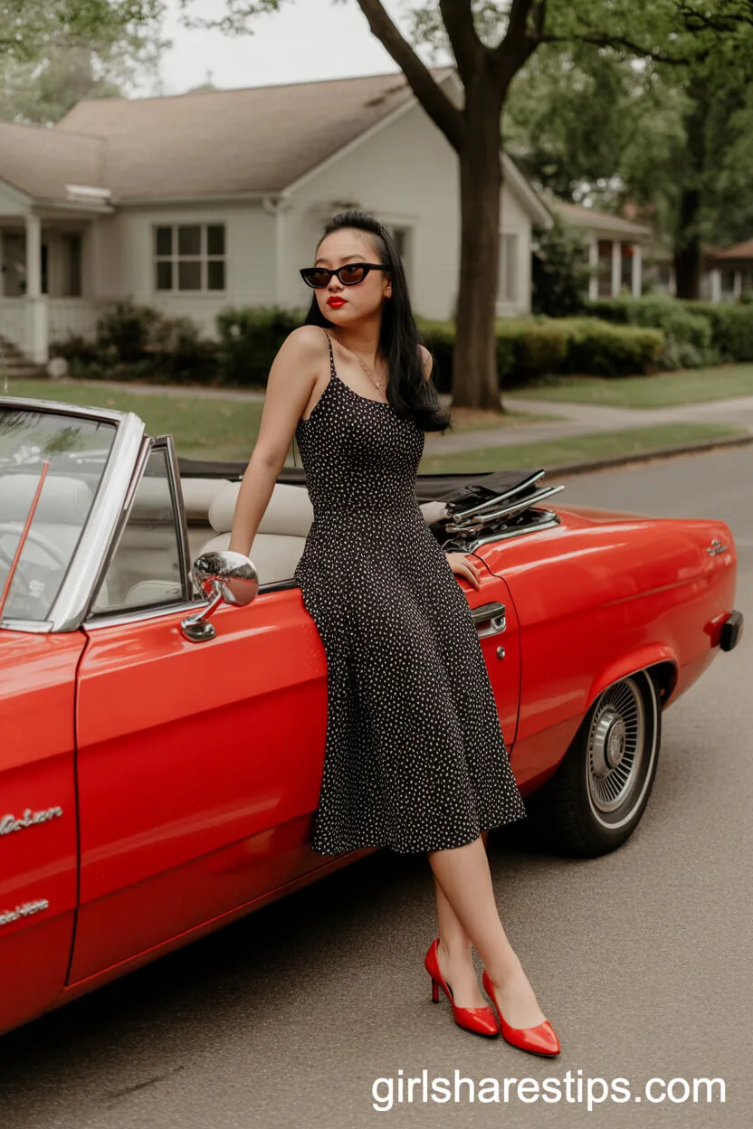 Vintage Polka Dot Midi Dress with Red Accessories