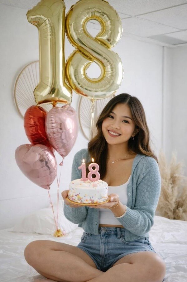 Cozy Bedroom Cake and Balloons Photoshoot
