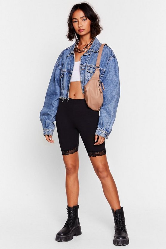 biker shorts outfits with jean jacket