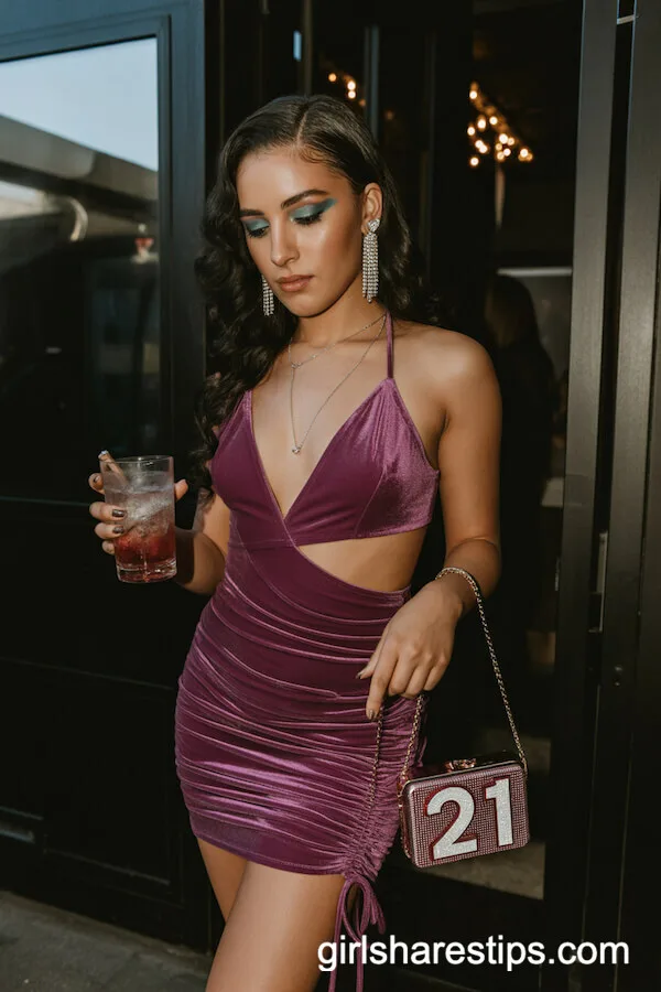 Purple Velvet Ruched Mini Dress With Metallic Accessories