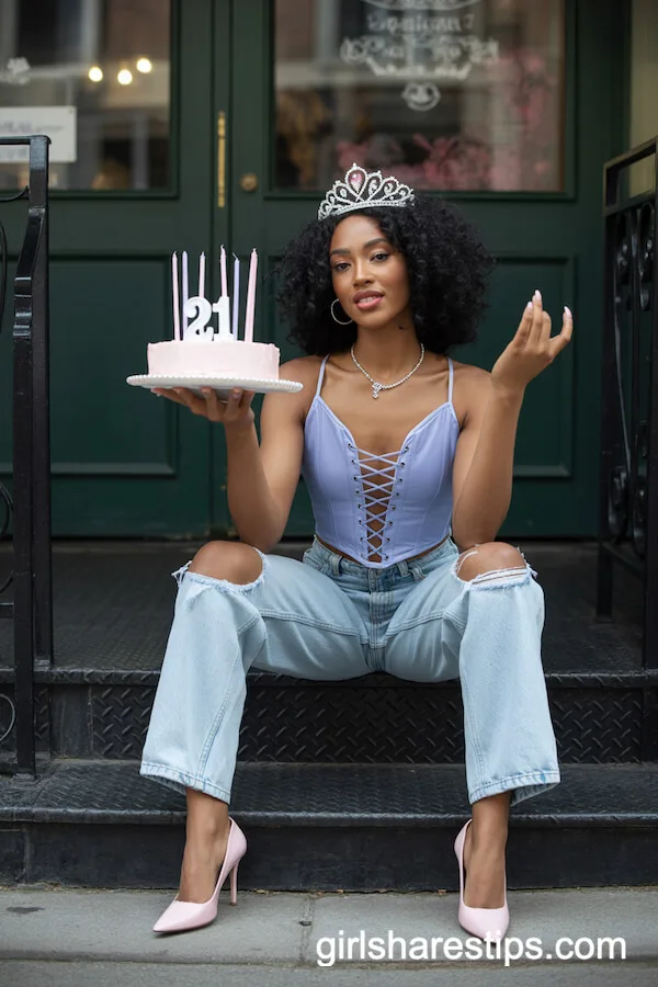 Pastel Blue Lace-Up Corset Top and Ripped Jeans