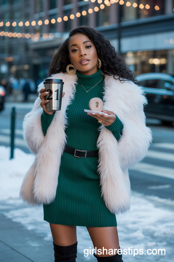 Emerald Green Turtleneck Dress With Faux Fur Coat