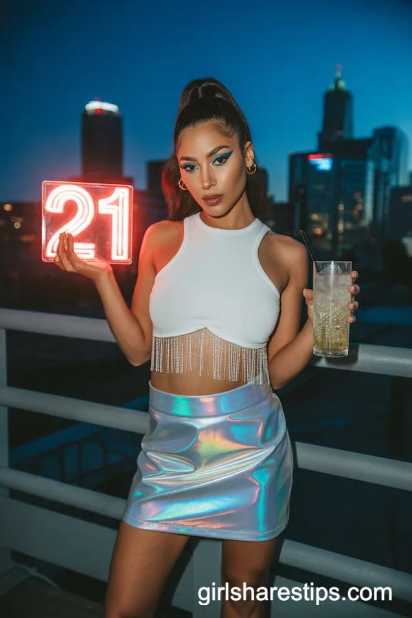 Holographic Mini Skirt and Rhinestone Fringe Crop Top