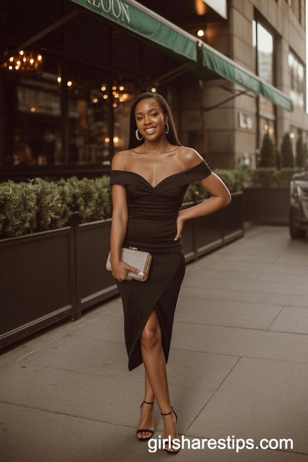 Off-the-Shoulder Little Black Dress With Rhinestone Clutch
