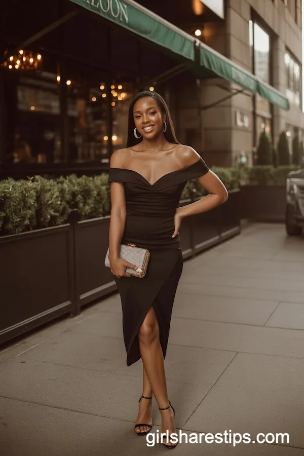 Off-the-Shoulder Little Black Dress With Rhinestone Clutch