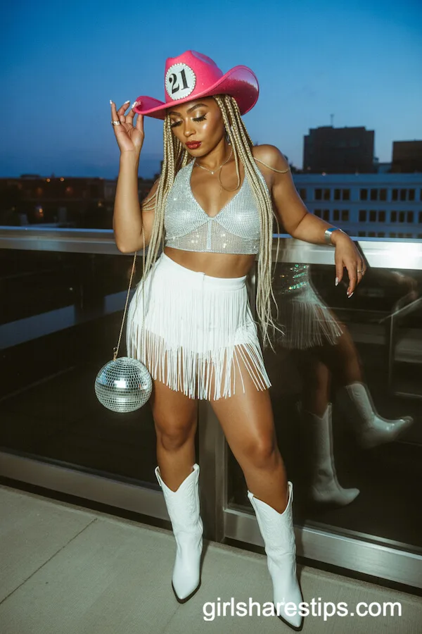 Rhinestone Crop Top, Fringe Skirt, Pink Cowboy Hat