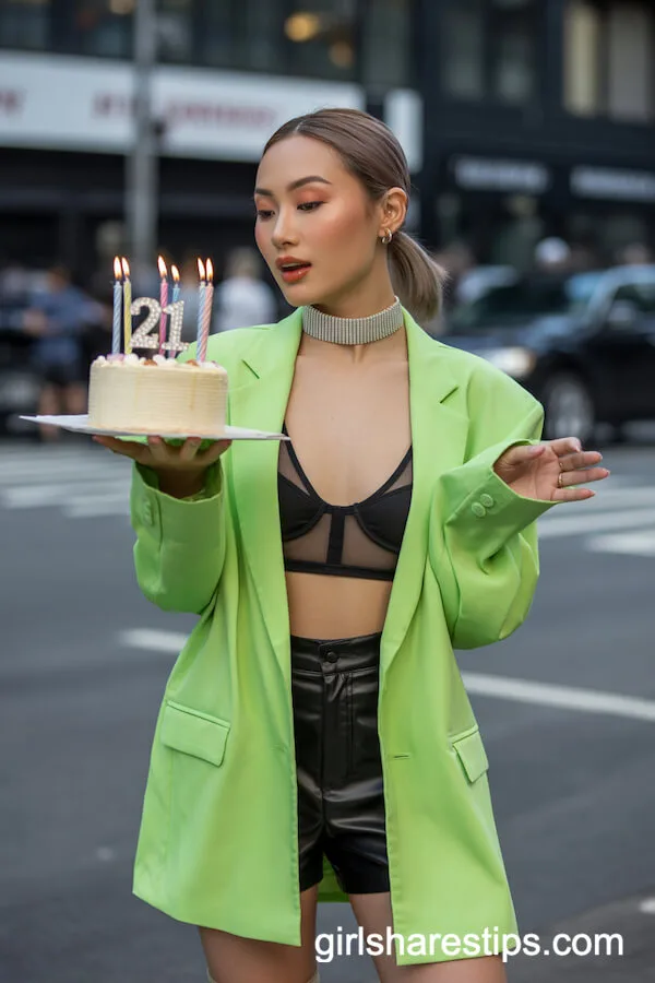 Neon Green Oversized Blazer With Faux-Leather Shorts