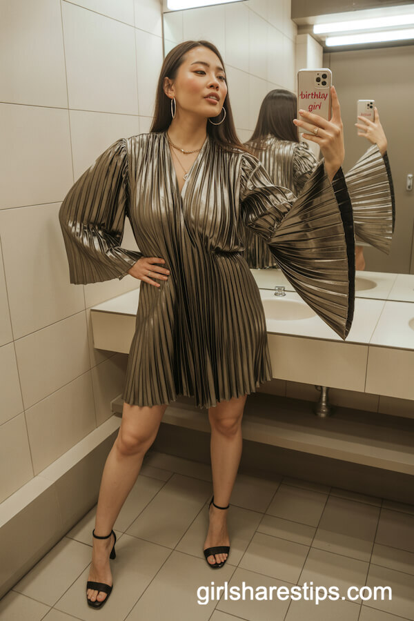Pleated Metallic Gold Mini Dress