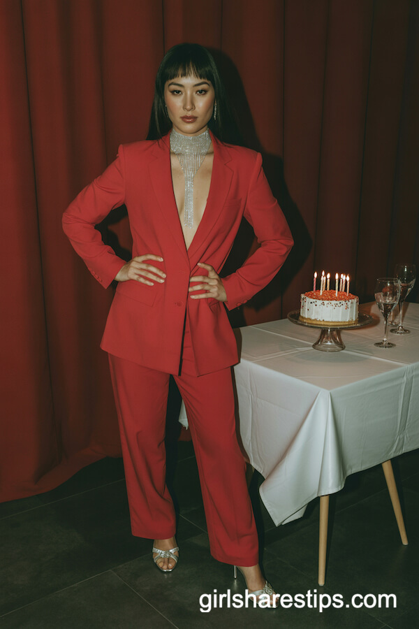 Red Power Suit with Crystal Choker