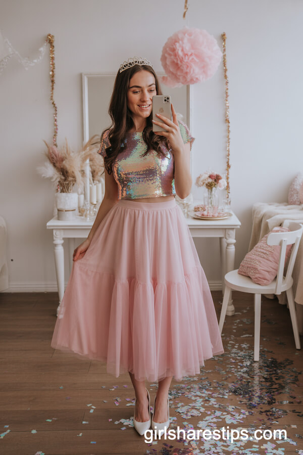 Pastel Pink Tulle Midi Skirt and Sequin Crop Top