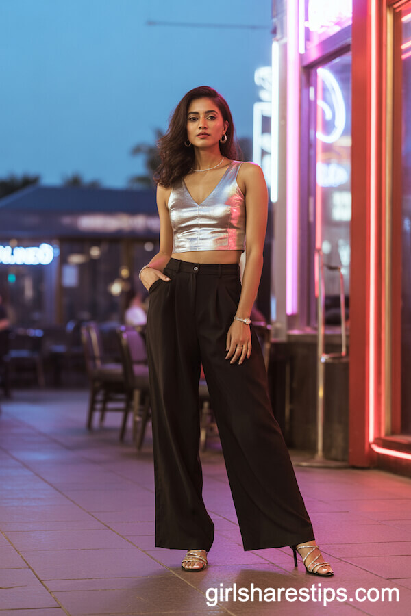 Silver Metallic Crop Top with Wide-Leg Black Pants
