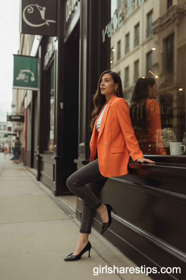 Bright Orange Blazer with Fitted Dark Jeans