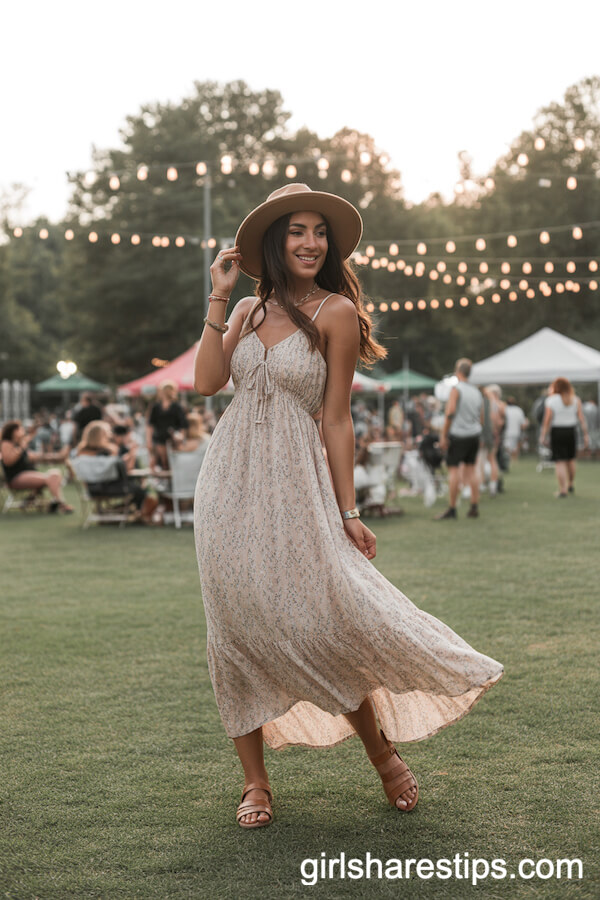 Flowy Floral Maxi Dress and Floppy Hat Festival Style