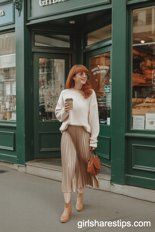 Cream Sweater with Gold Pleated Midi Skirt