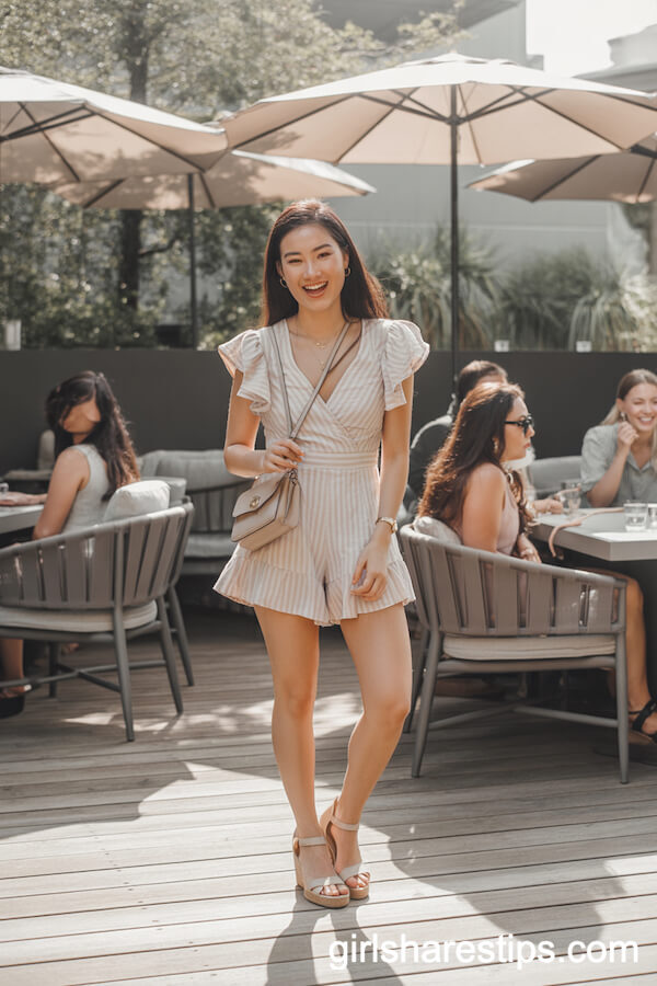 Light Pastel Ruffled Romper with Wedge Sandals