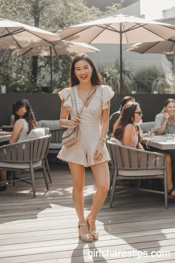 Light Pastel Ruffled Romper with Wedge Sandals