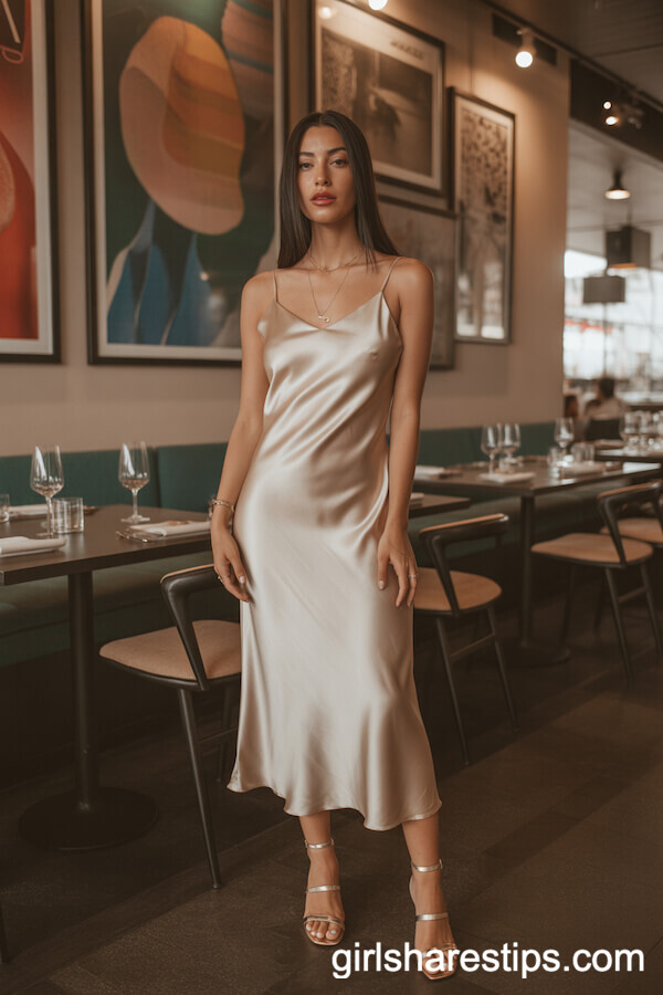Champagne Satin Slip Dress with Nude Sandals