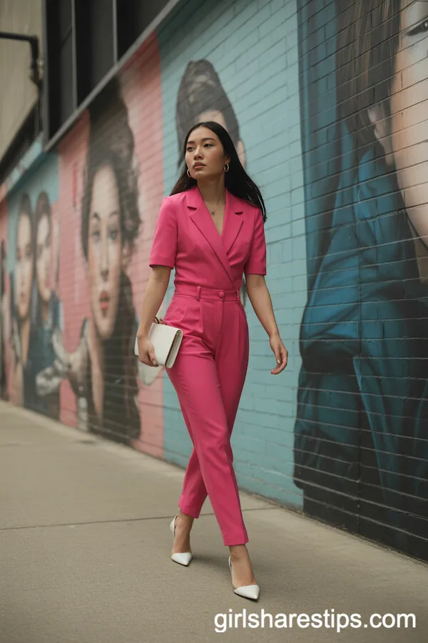 Hot Pink Tailored Jumpsuit with White Heels