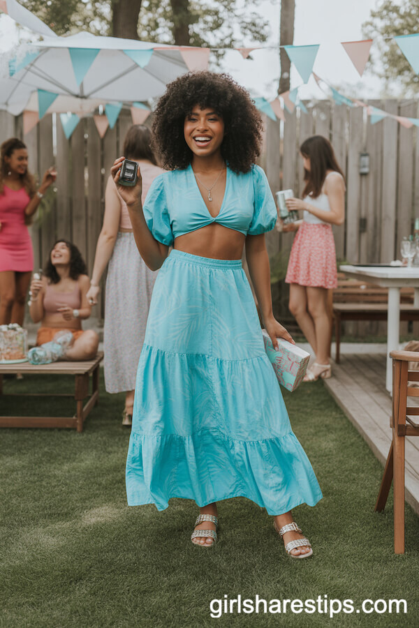 Turquoise Printed Two-Piece Set for a Fun Party Look