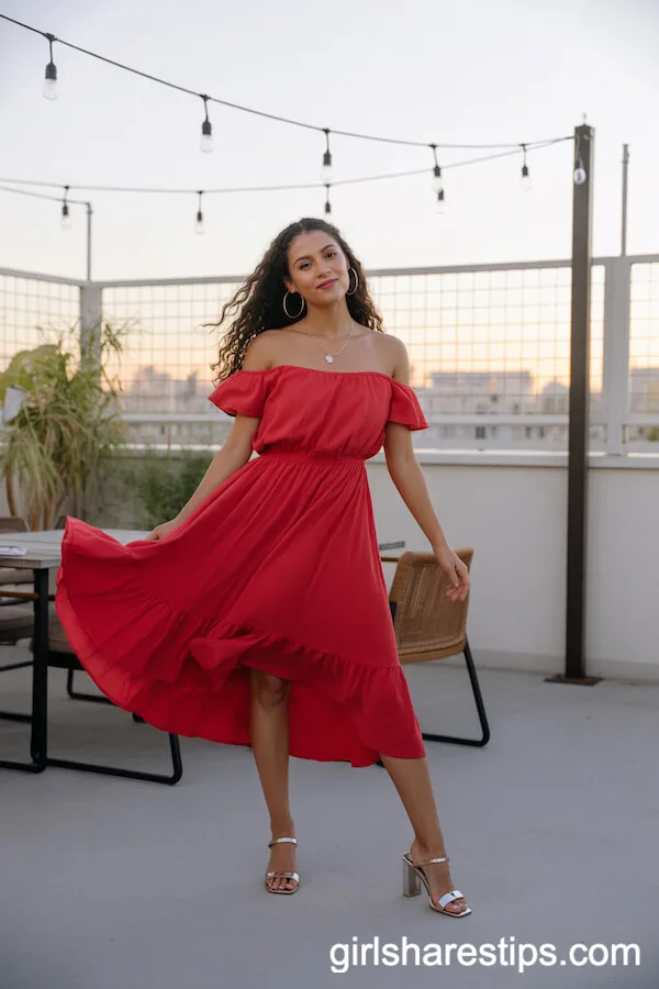 Red Off-Shoulder Ruffle Dress with Block Heels
