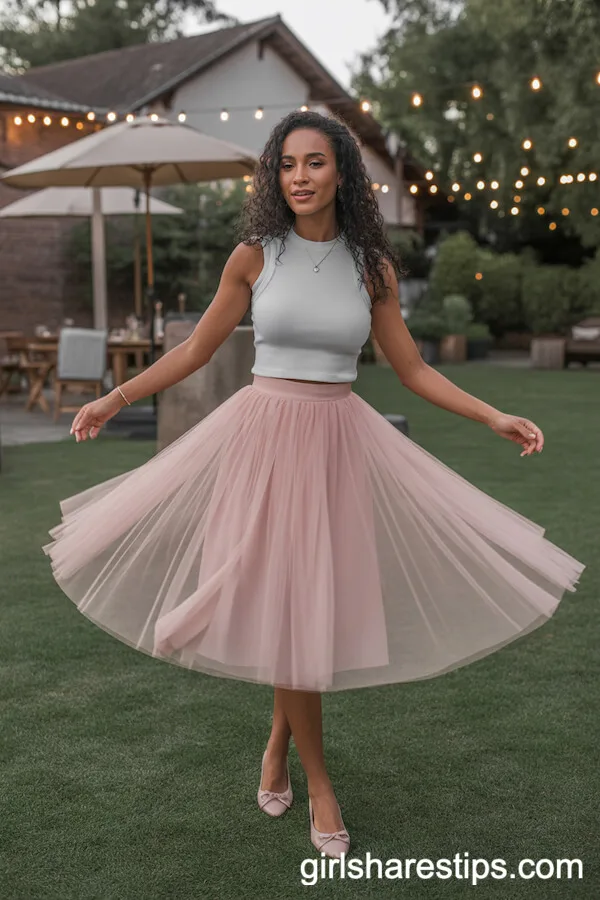 Pastel Pink Tulle Skirt and Fitted White Top Combo