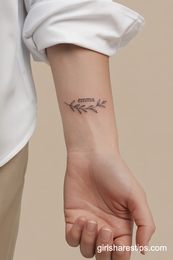 Minimalist Name and Botanical Wrist Tattoo