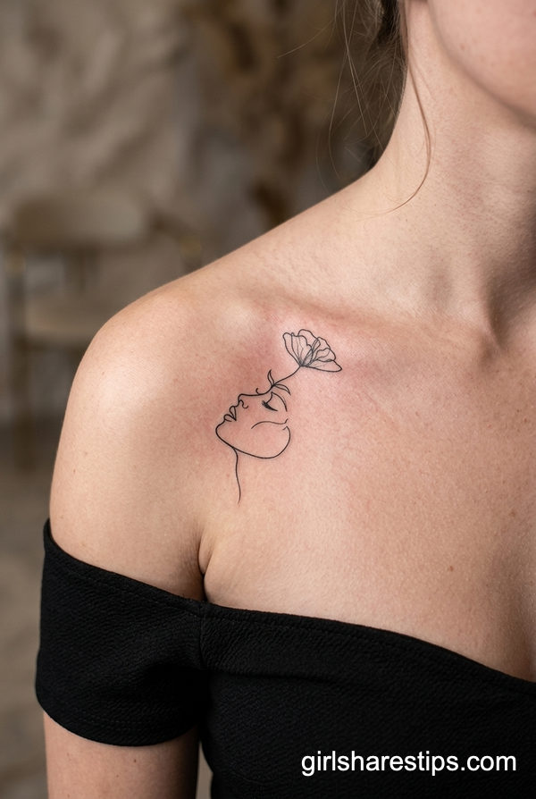 Single-Line Floral Portrait Collarbone Self-discovery Tattoo