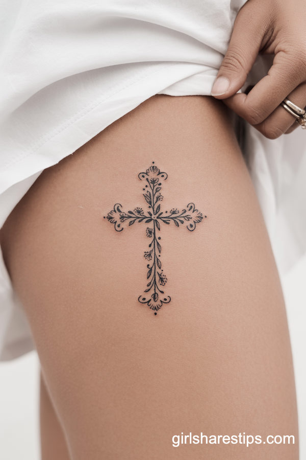 Ornate Cross and Floral Hip Tattoo