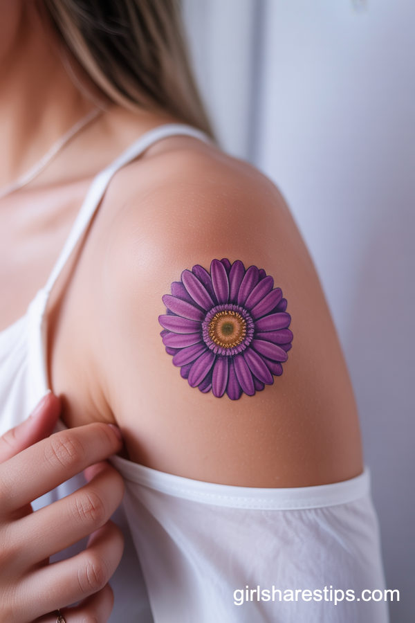 Purple Daisy Shoulder Tattoo with Golden Center