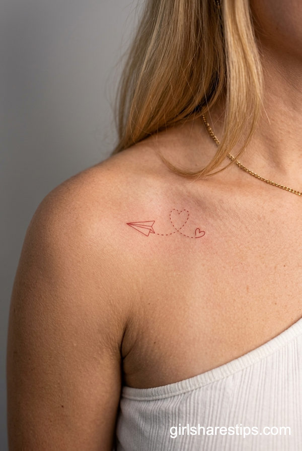 Red Ink Paper Airplane Collarbone Tattoo
