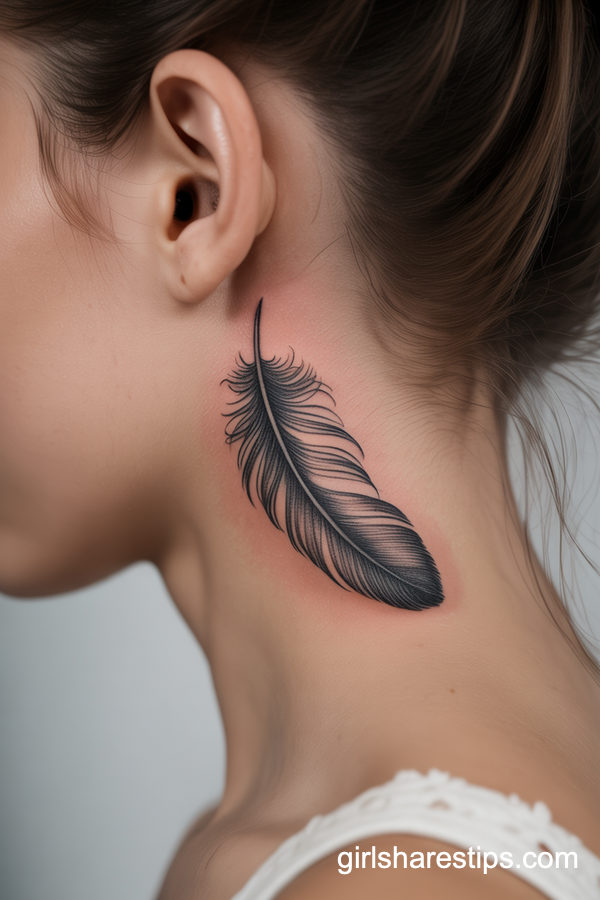 Delicate Feather Neck Tattoo Behind the Ear