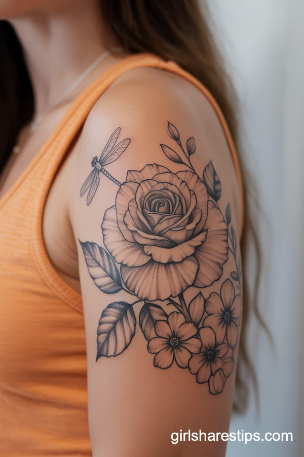 Rose and Dragonfly Floral Upper Arm Tattoo