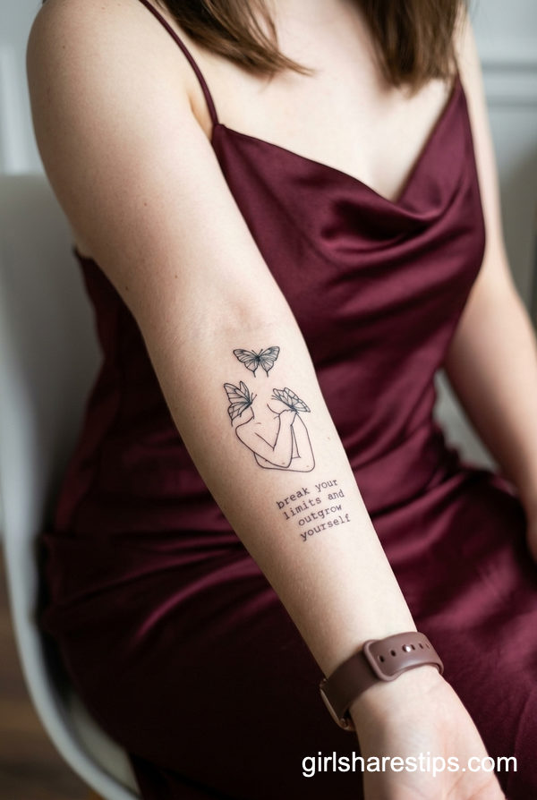 Butterfly Metamorphosis and Quote Forearm Tattoo