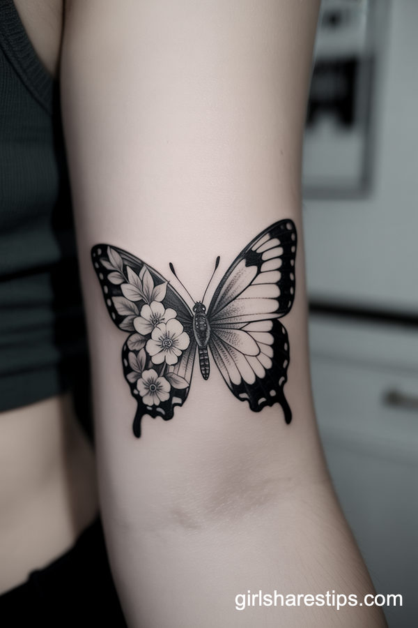 Floral and Shadow Butterfly Forearm Tattoo