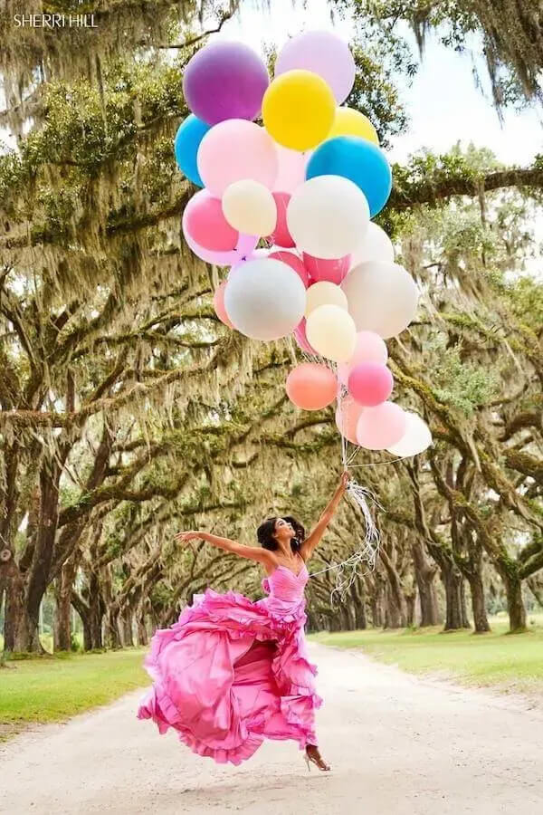 Whimsical Pink Dress and Colorful Balloons Photoshoot