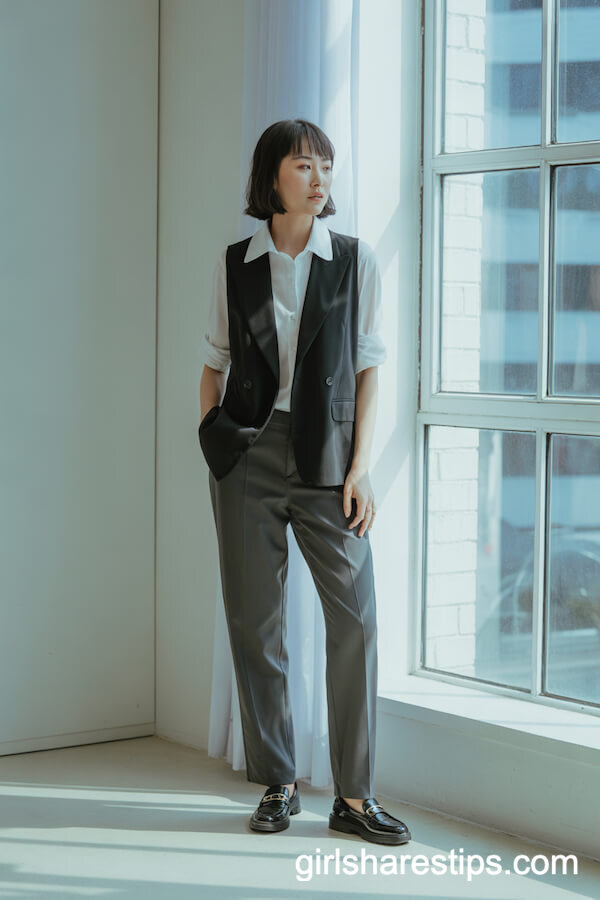 Black Tailored Vest with Crisp White Button-Down
