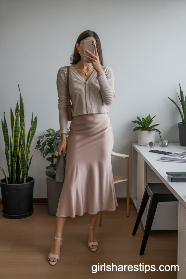 Slip Midi Skirt with Fitted Knit Cardigan