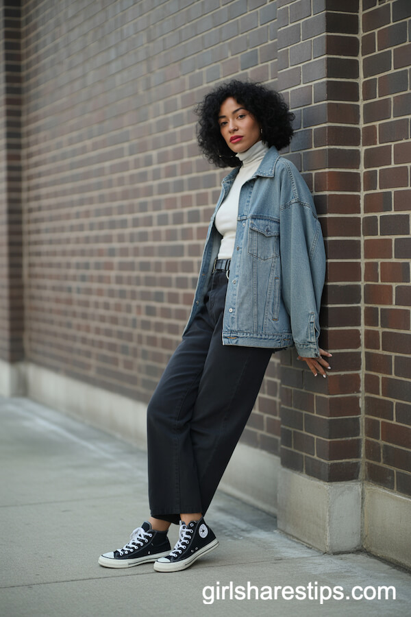 Oversized Denim Jacket with Straight-Leg Black Trousers
