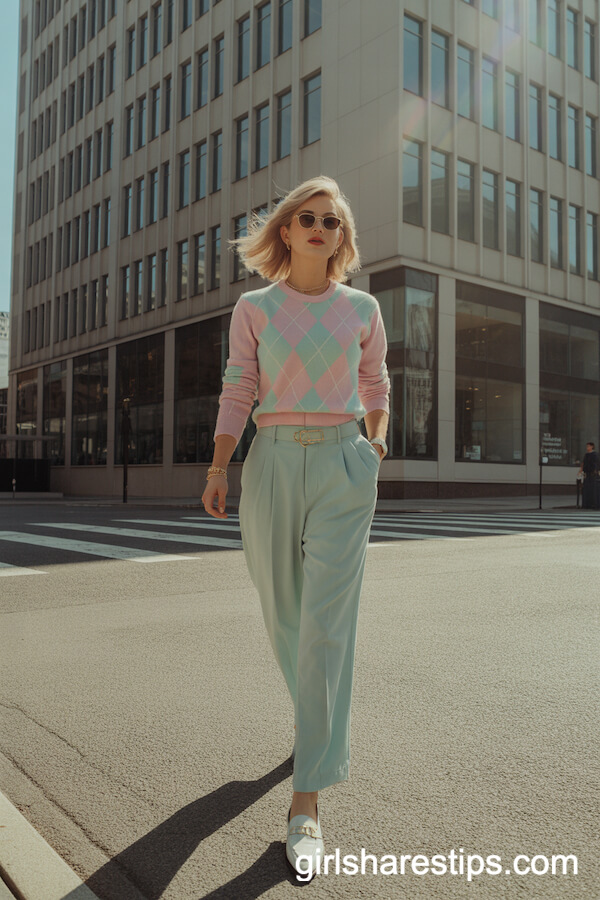 Pastel Argyle Sweater with Mint Pleated Slacks