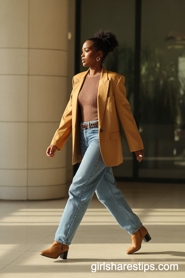 Camel Blazer with Exaggerated Shoulder Pads