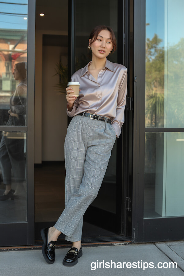 Shiny Silk Button-Down with Gray Plaid Trousers