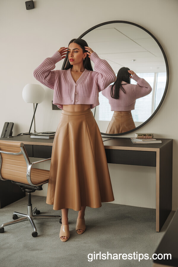 Pastel Cropped Cardigan with Brown A-Line Skirt