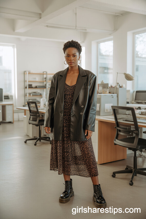 Oversized Leather Blazer with Floral Midi Dress