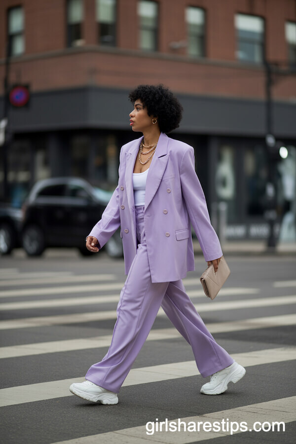 Bold Pastel Oversized Pantsuit with Chunky Sneakers